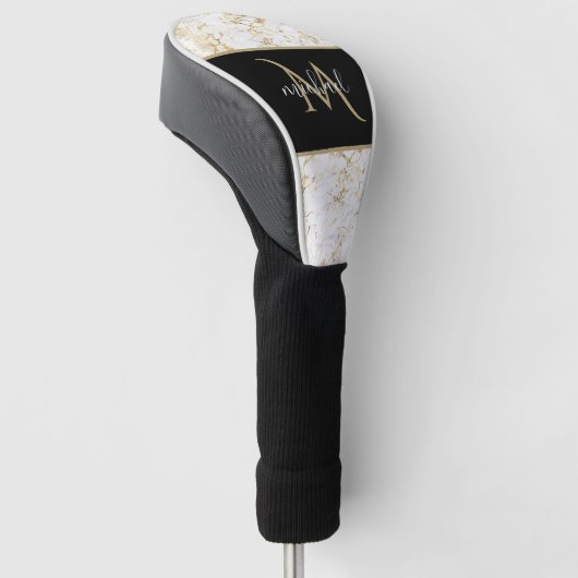 Goud en witte marmer met zwarte Monogram Luxe Golfheadcover (Schuin)