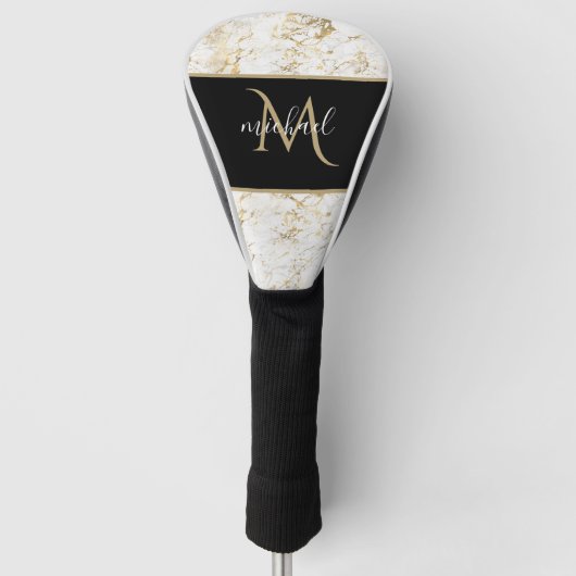 Goud en witte marmer met zwarte Monogram Luxe Golfheadcover (Voorkant)