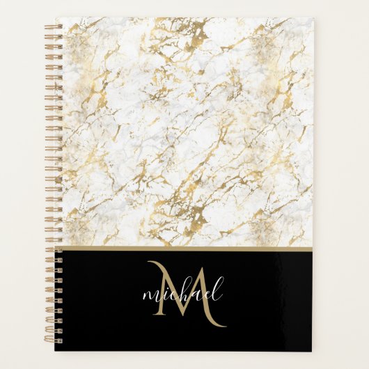 Goud en witte marmer met zwarte Monogram Luxe Planner (Voorkant)