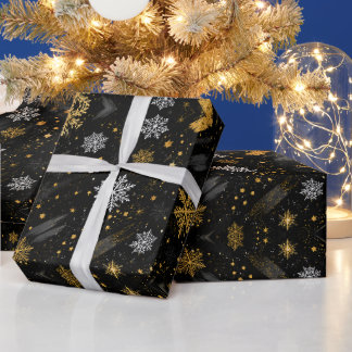 Goud en witte sneeuwvlok Zwart Grunge Patroon Cadeaupapier