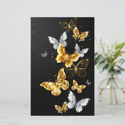 Goud en witte vlinders briefpapier (Staand voorkant)