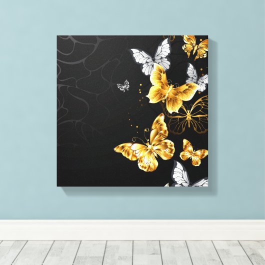 Goud en witte vlinders canvas afdruk (Insitu (Houten vloer))
