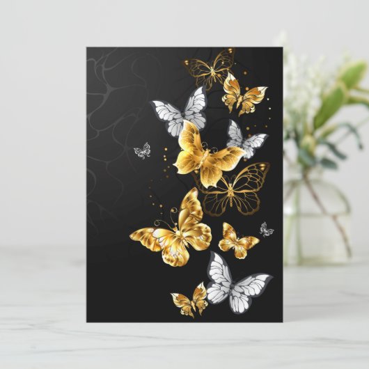 Goud en witte vlinders feestdagenkaart (Staand voorkant)
