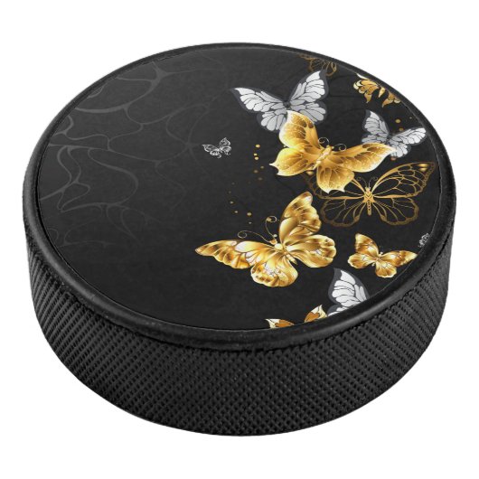 Goud en witte vlinders hockey puck (3/4)