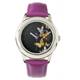 Goud en witte vlinders horloge