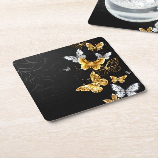 Goud en witte vlinders kartonnen onderzetters (Schuin)