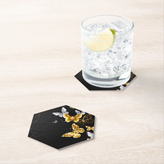 Goud en witte vlinders kartonnen onderzetters (Insitu)