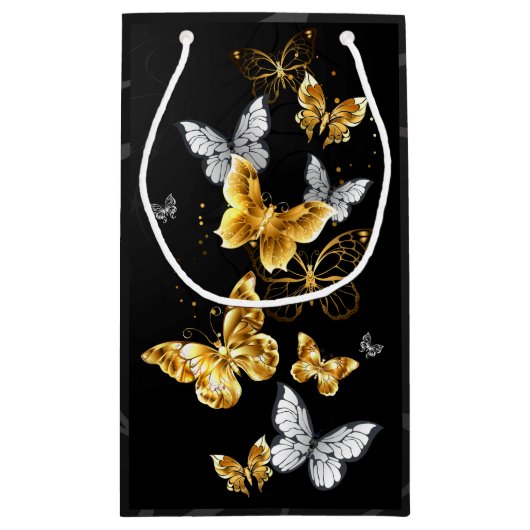 Goud en witte vlinders klein cadeauzakje (Achterkant)