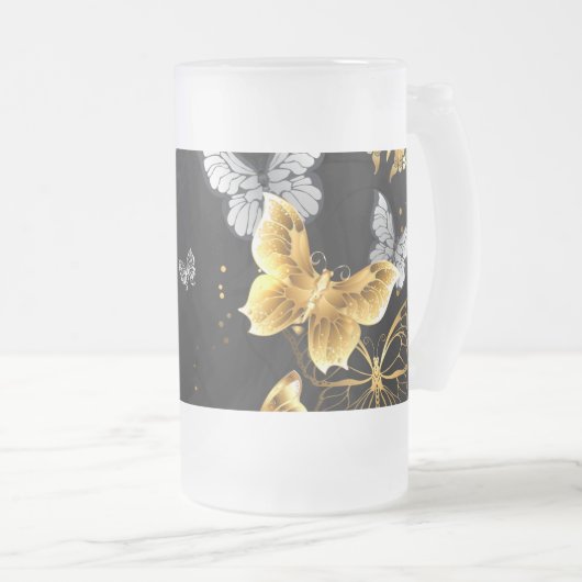 Goud en witte vlinders matglas bierpul (Voorkant rechts)