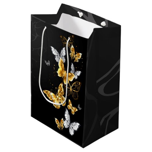 Goud en witte vlinders medium cadeauzakje (Voorkant Gekanteld)