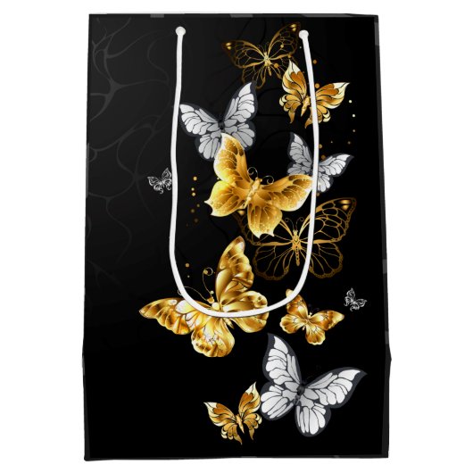 Goud en witte vlinders medium cadeauzakje (Achterkant)