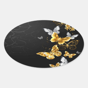 Goud en witte vlinders ovale sticker