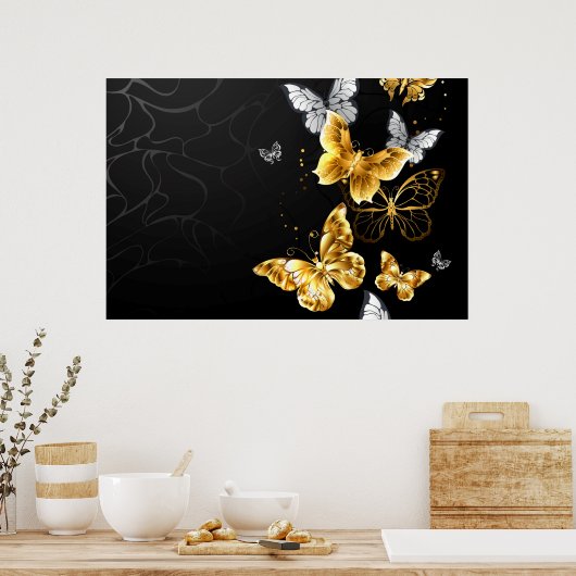 Goud en witte vlinders poster (Keuken)