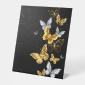 Goud en witte vlinders reclamebord met voetstuk (Voorkant)