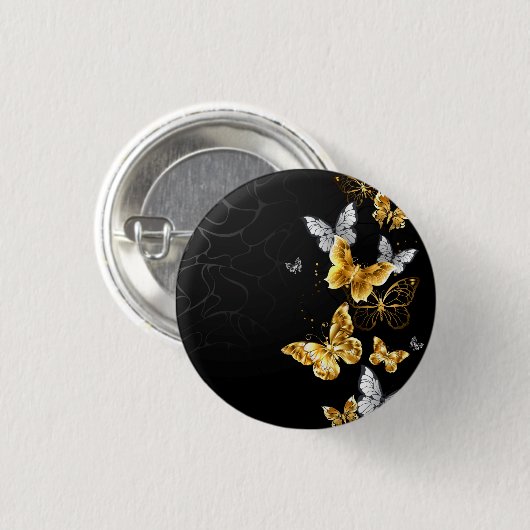 Goud en witte vlinders ronde button 3,2 cm (Voorkant /achterkant)