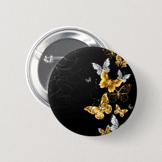 Goud en witte vlinders ronde button 5,7 cm (Voorkant /achterkant)