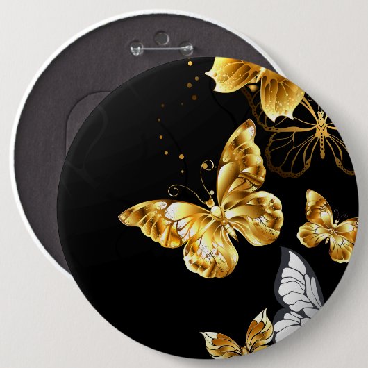 Goud en witte vlinders ronde button 6,0 cm (Voorkant /achterkant)