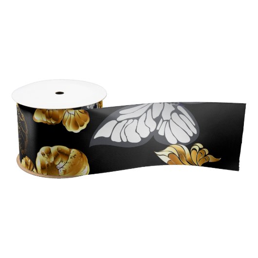 Goud en witte vlinders satijnen lint (Spoel)