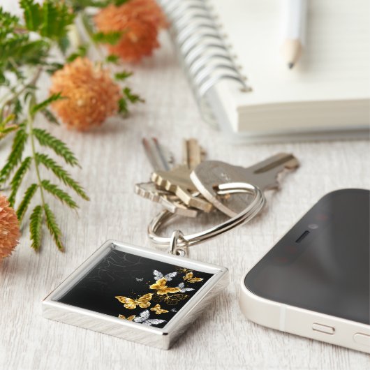 Goud en witte vlinders sleutelhanger (Zijkant)