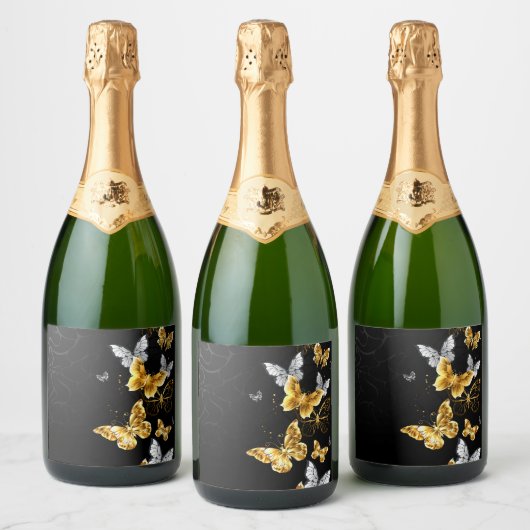 Goud en witte vlinders sparkling wijnetiket (Flessen)