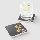 Goud en witte vlinders stenen onderzetter (Zijkant)