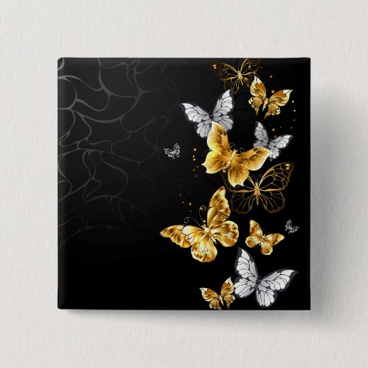 Goud en witte vlinders vierkante button 5,1 cm (Voorkant)