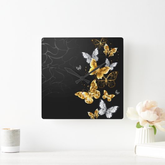 Goud en witte vlinders vierkante klok (Huis)