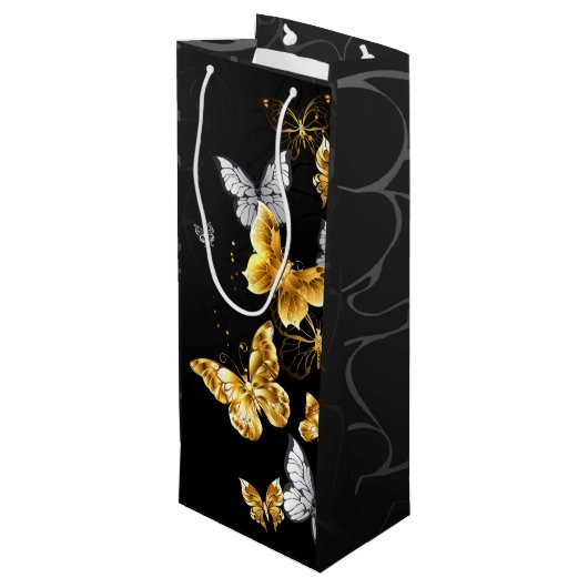 Goud en witte vlinders wijn cadeautas (Achterkant Gekanteld)