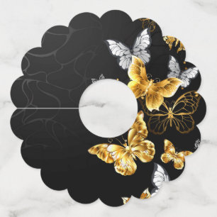 Goud en witte vlinders wijnglaslabel