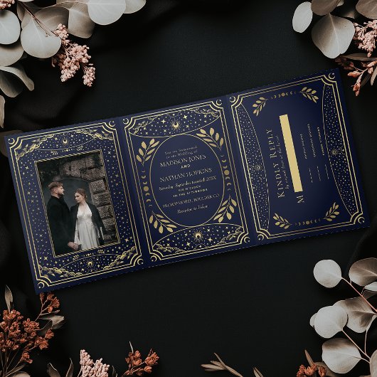 Goud en zeemacht Elegant Tarot Wedding Drieluik Uitnodiging