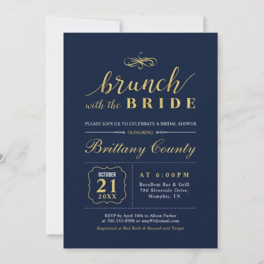 Goud en zeemacht | Elegant Wedding Bridal Brunch S Kaart (Voorkant)
