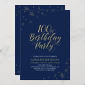 Goud en zeemacht | Modern Chic 100th Birthday Part Kaart (Voorkant / Achterkant)