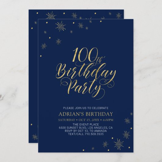 Goud en zeemacht | Modern Chic 100th Birthday Part Kaart (Voorkant / Achterkant)