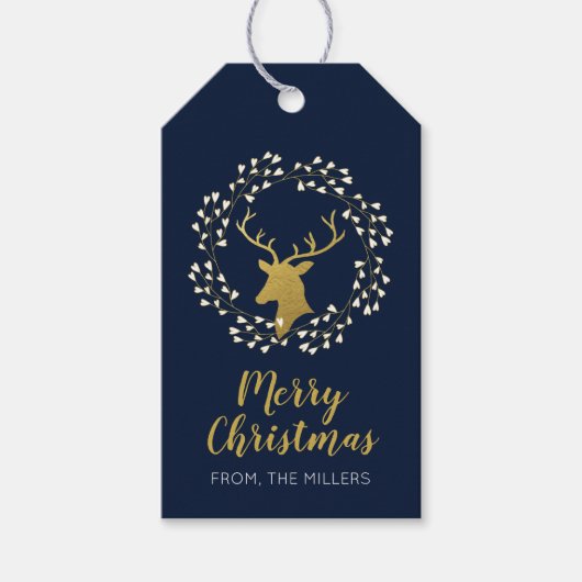 Goud en zeemacht | Modern Deer Merry-Label met ker Cadeaulabel (Voorkant)