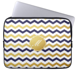 Goud en zeemleem met blauw Chevron Pattern-laptoph Laptop Sleeve