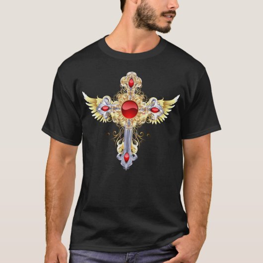  goud en zilver geadorneerd Heilig Kruis T-shirt (Voorkant)