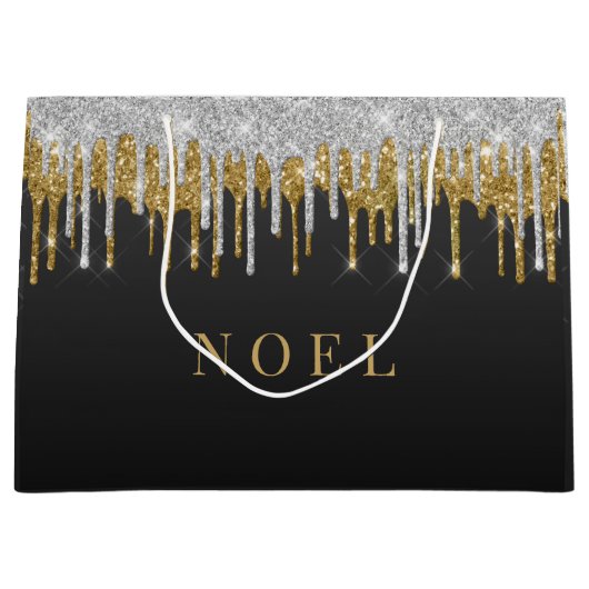 Goud en zilver glitter druppels groot cadeauzakje (Voorkant)
