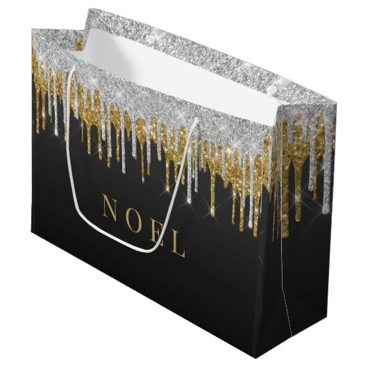 Goud en zilver glitter druppels groot cadeauzakje (Voorkant Gekanteld)