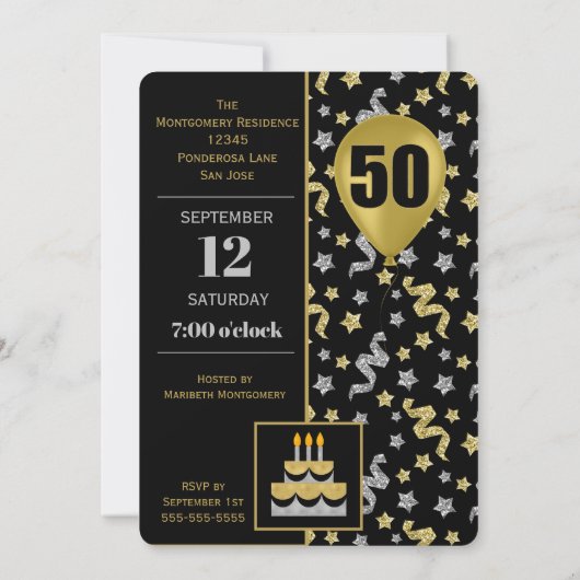 Goud en Zilver op Zwart 50ste Verjaardag Confetti Kaart (Achterkant)