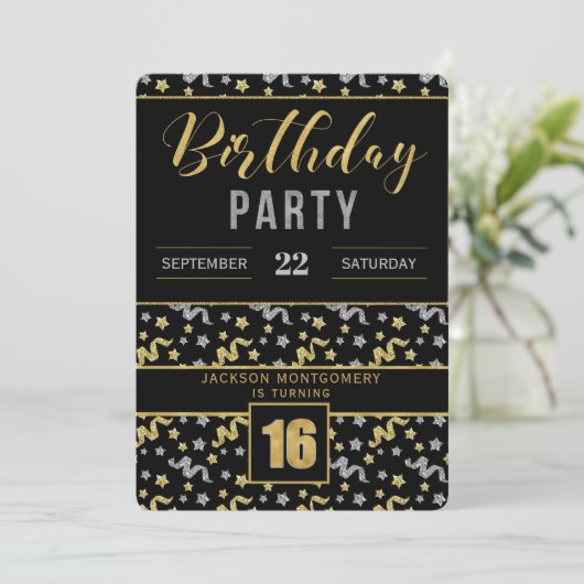 Goud en zilver op zwarte 16e verjaardag Confetti Kaart (Staand voorkant)