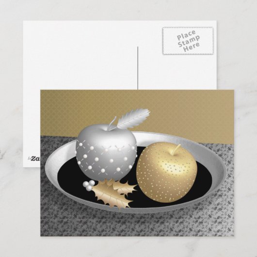 Goud en zilverappels op een zilveren platter briefkaart (Voorkant / Achterkant)