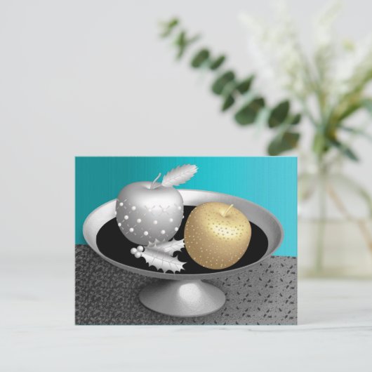 Goud en zilverappels op een zilvervoetstuk briefkaart (Staand voorkant)