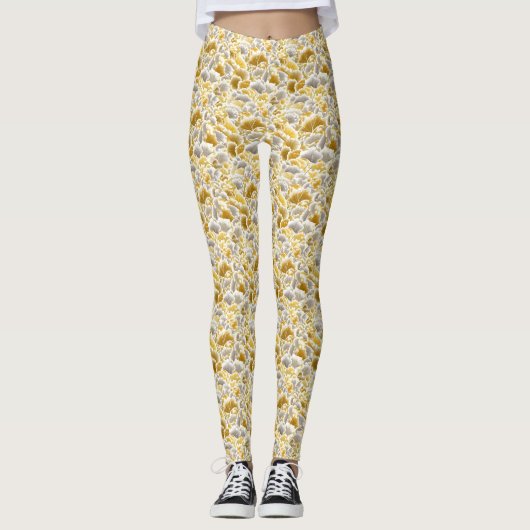 Goud en Zilveren Bladpatroon Leggings (Voorkant)