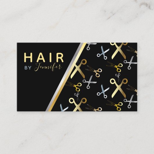 Goud en zilveren schaar Patroon Haarstylist Visitekaartje (Voorkant)