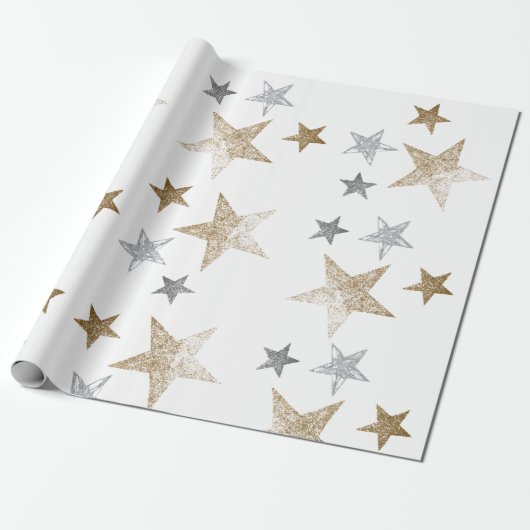 Goud en zilverglitter sterren cadeaupapier (Uitgerold)
