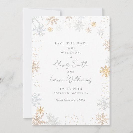Goud en zilversneeuwvlokken besparen de datum save the date (Voorkant)