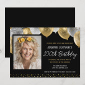 Goud en zwart 100e verjaardag foto uitnodiging (Voorkant / Achterkant)