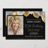 Goud en zwart 50e verjaardag foto uitnodiging (Voorkant / Achterkant)