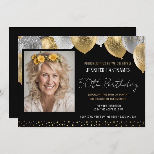 Goud en zwart 50e verjaardag foto uitnodiging (Voorkant / Achterkant)