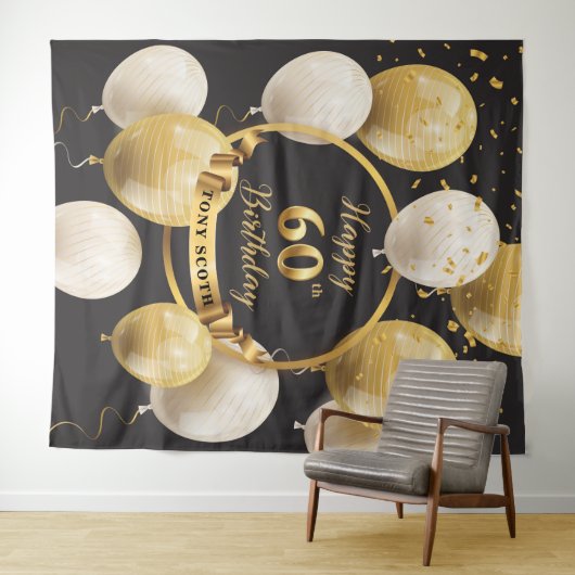 Goud en zwart 60e verjaardag Party achtergrond Wandkleed (In Situ (horizontaal))